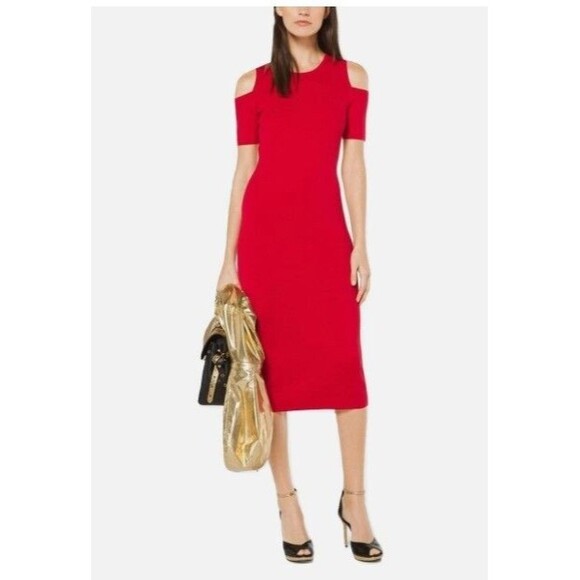 Michael Kors Midi Dress Crimson Stretch Viscose Peekaboo Retail $175 Womens M - Picture 1 of 8